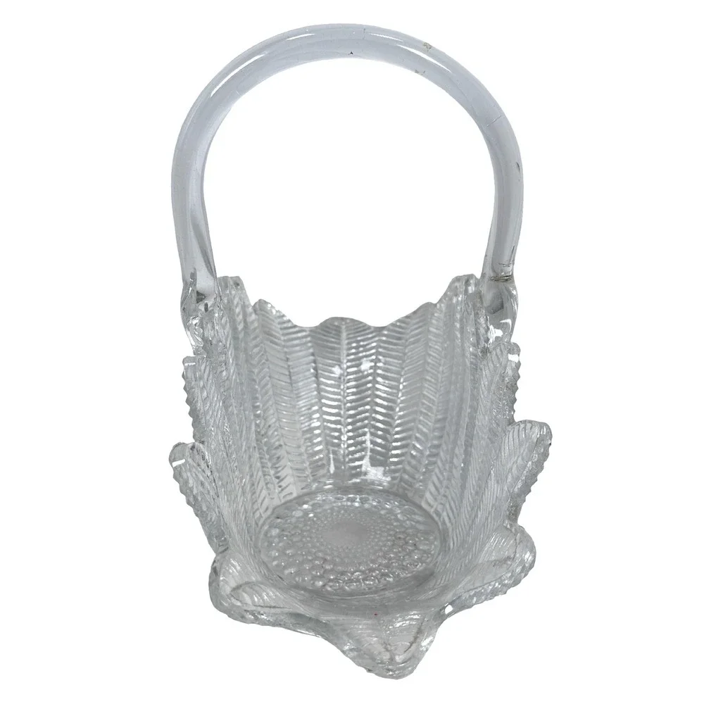 LE Smith Clear Glass Feather Pattern Basket Scalloped Edge Applied Handle 10.5in